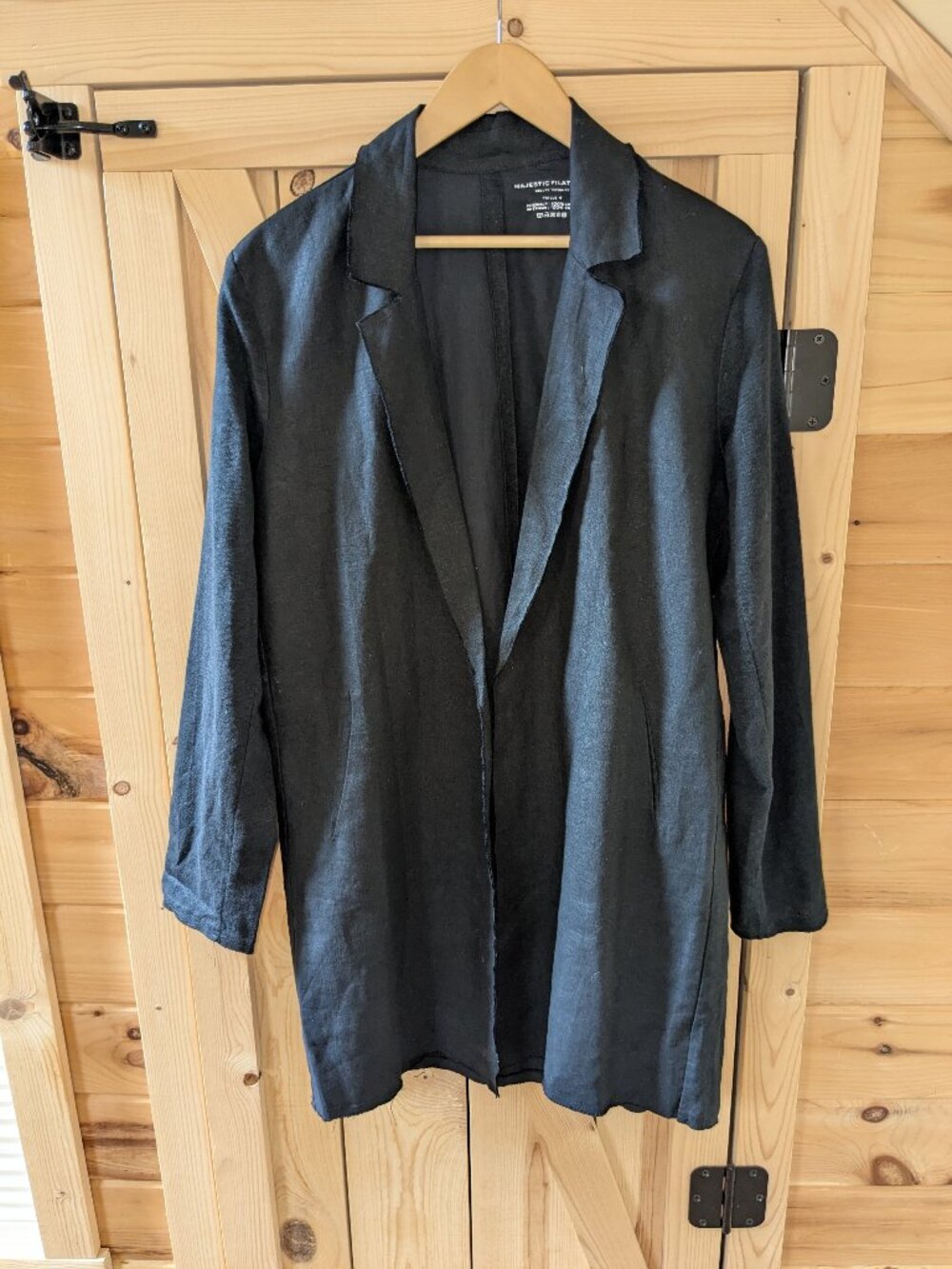 Majestic Filatures Raw Edge Linen Open Collared Long Jacket Eco Black Size 4 Lg